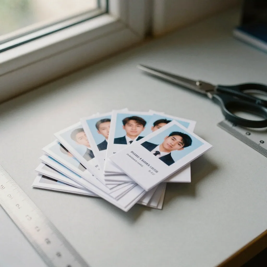 Overhead of a small stack of freshly printed square ID photos fanned out on a desk beside scissors and a ruler, clean da