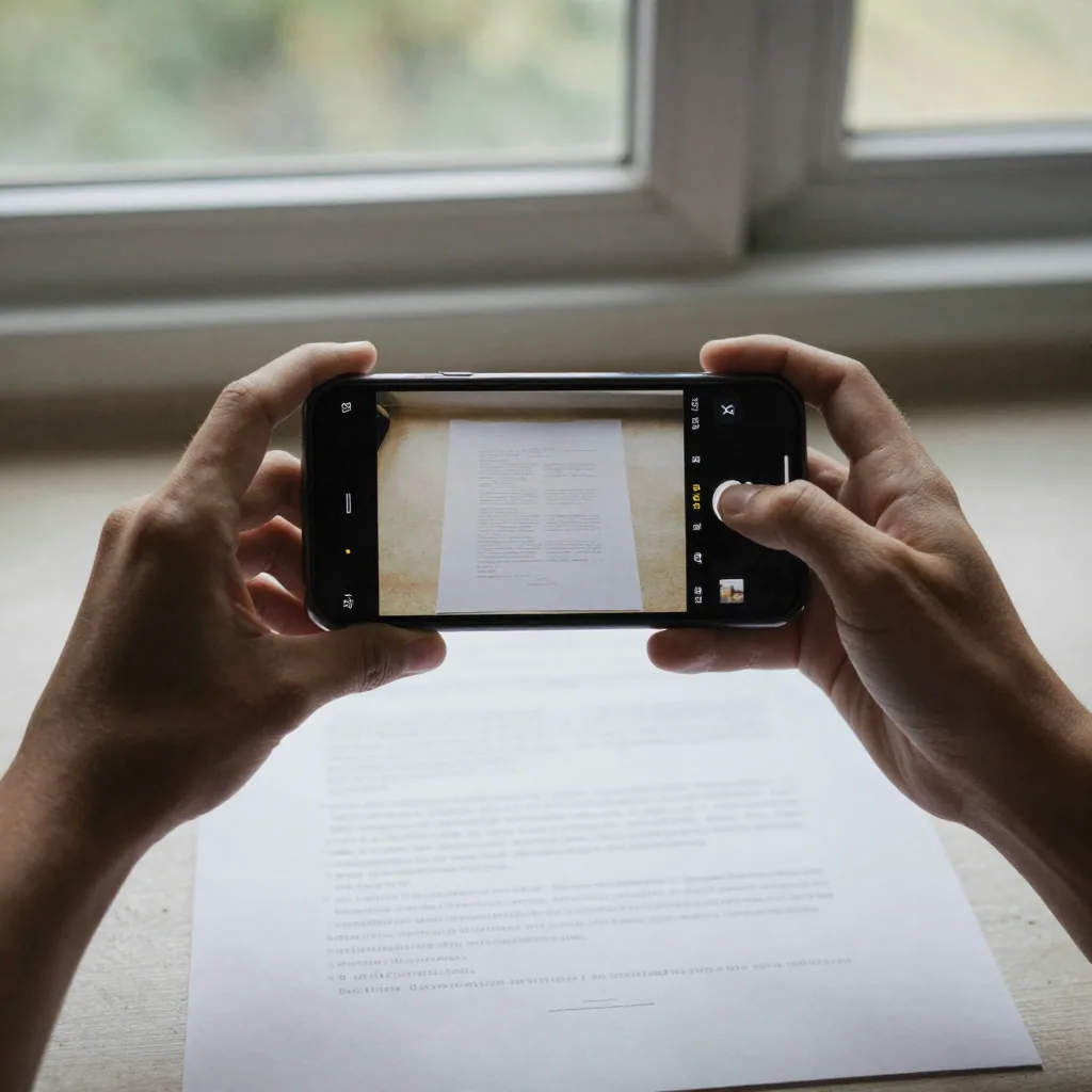 A person holding a smartphone flat and level directly above a signed sheet of white paper on a desk, capturing a clean o