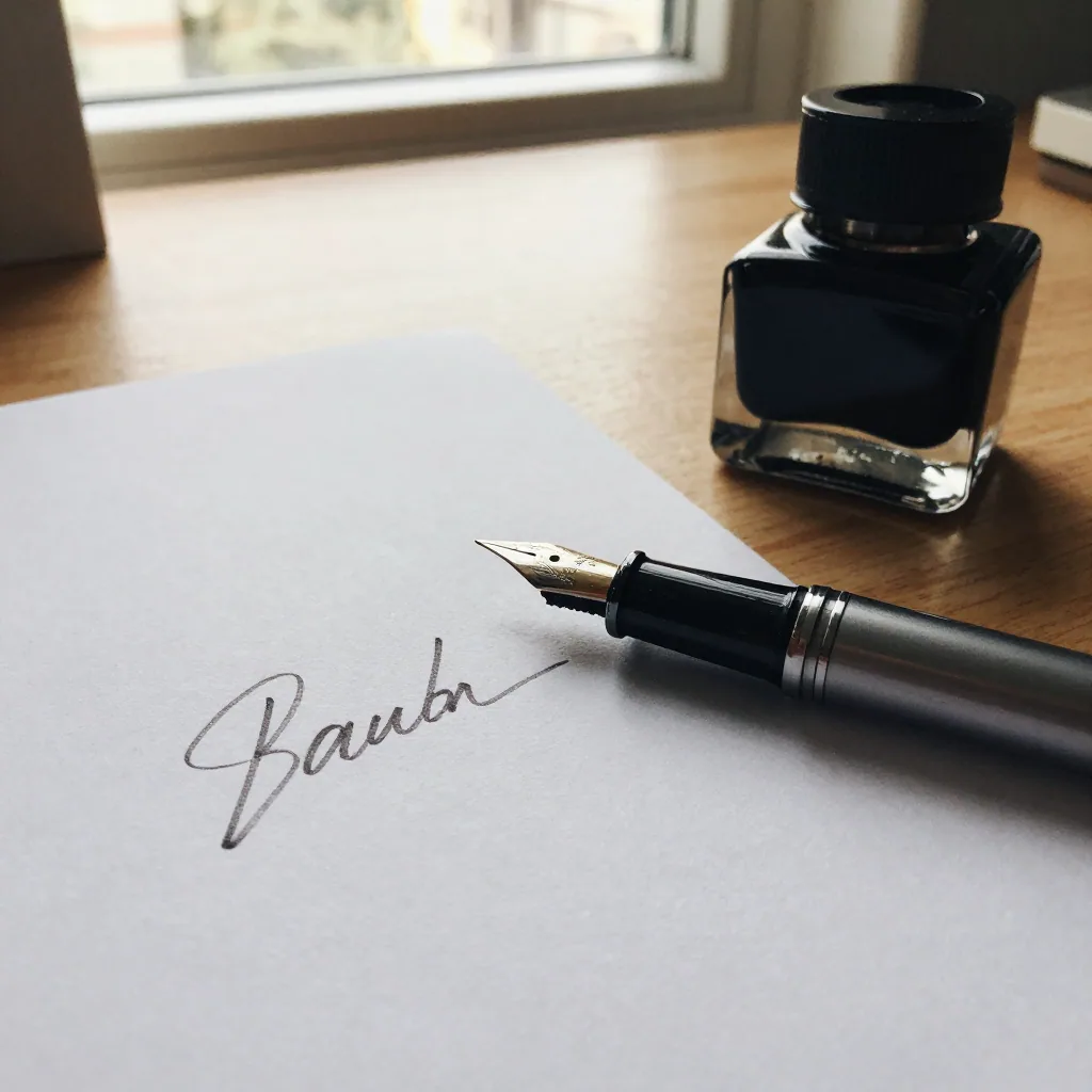 A fountain pen resting on a blank sheet beside a freshly inked cursive signature, warm desk light catching the wet gleam