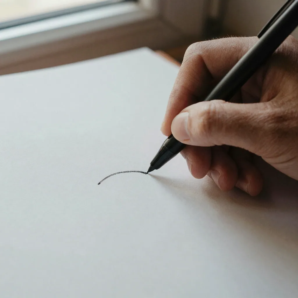 Close-up of a hand signing a plain white page with a black rollerball pen, the ink stroke mid-motion, soft daylight from