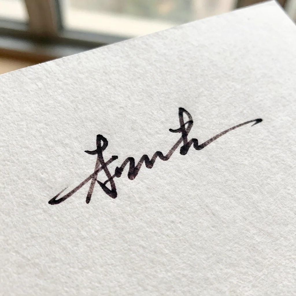Macro of dried ink strokes of a signature on textured cotton paper, high contrast between the dark line and the bright w