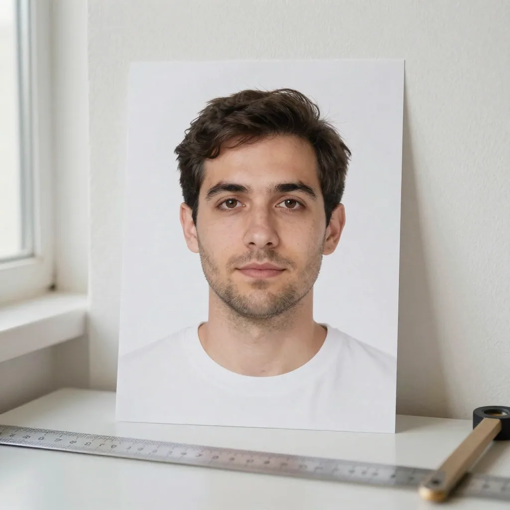 A neatly cropped passport-style headshot of a man against a plain white wall, even frontal lighting, neutral expression,