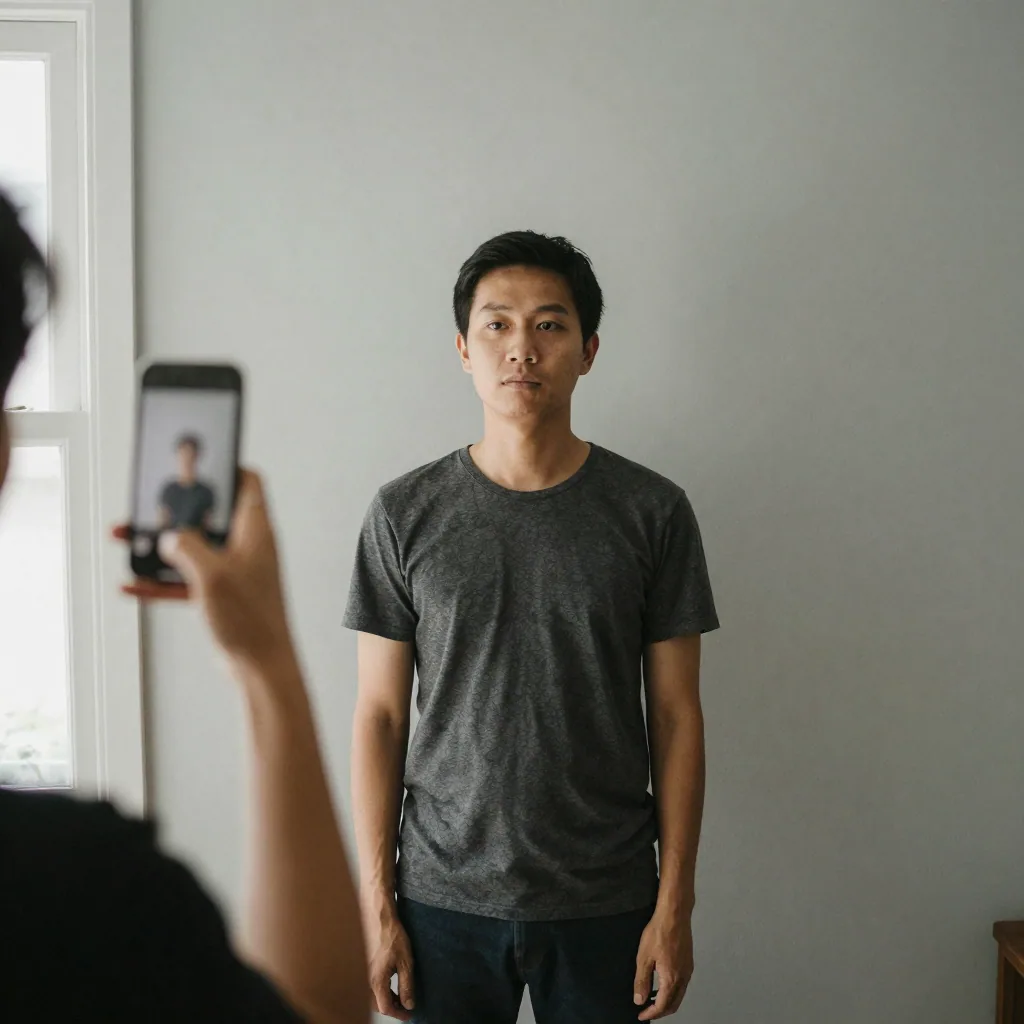 A person standing squarely in front of a plain light-grey wall at home while a friend photographs them straight-on with