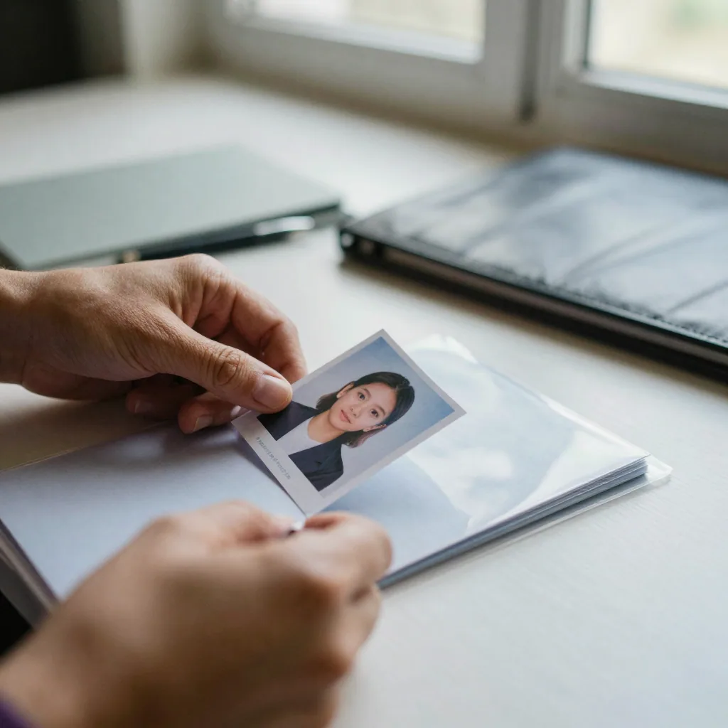 Close-up of hands sliding a printed passport photo into a clear document sleeve on a tidy desk, soft window light, trave