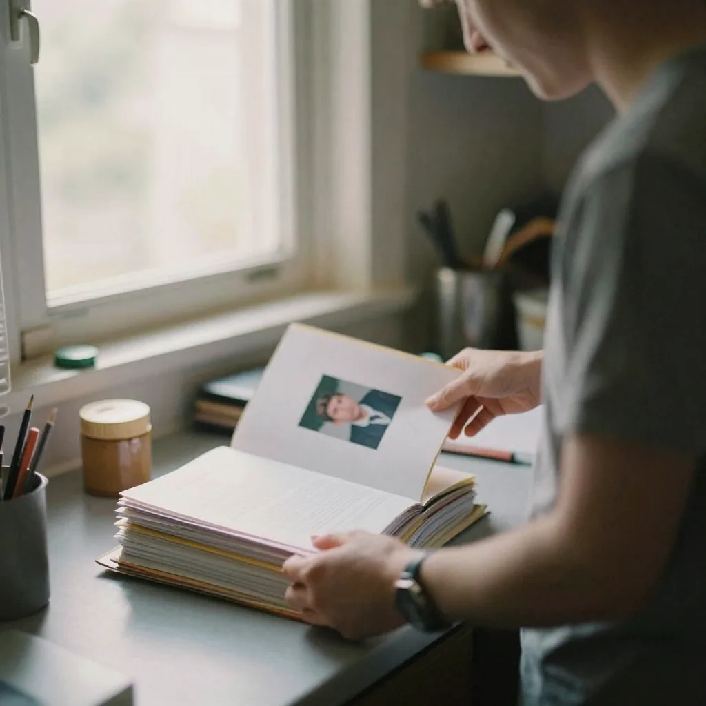 A traveler at a kitchen table organizing a stack of documents and a small square printed portrait photo into a folder, w
