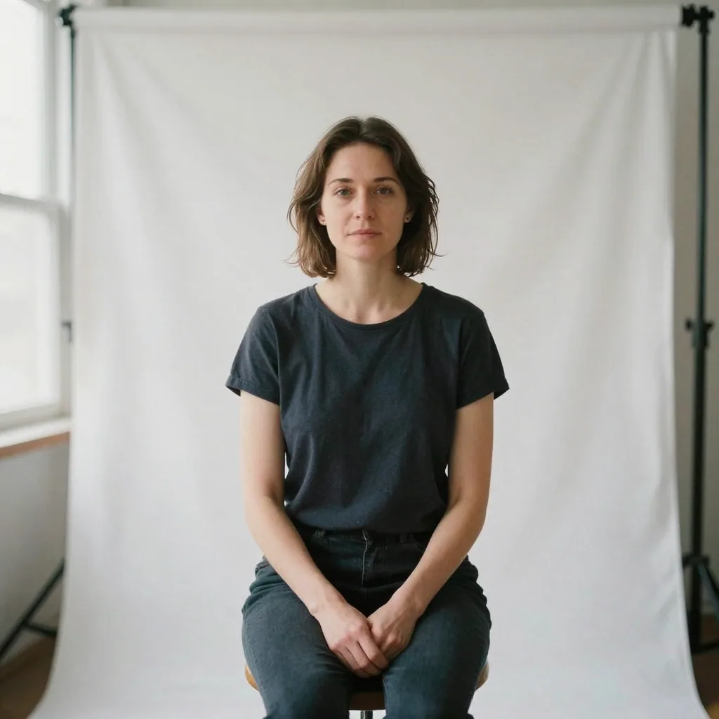 A woman seated on a stool against a seamless white backdrop for a compliant ID portrait, softbox in front, shoulders squ