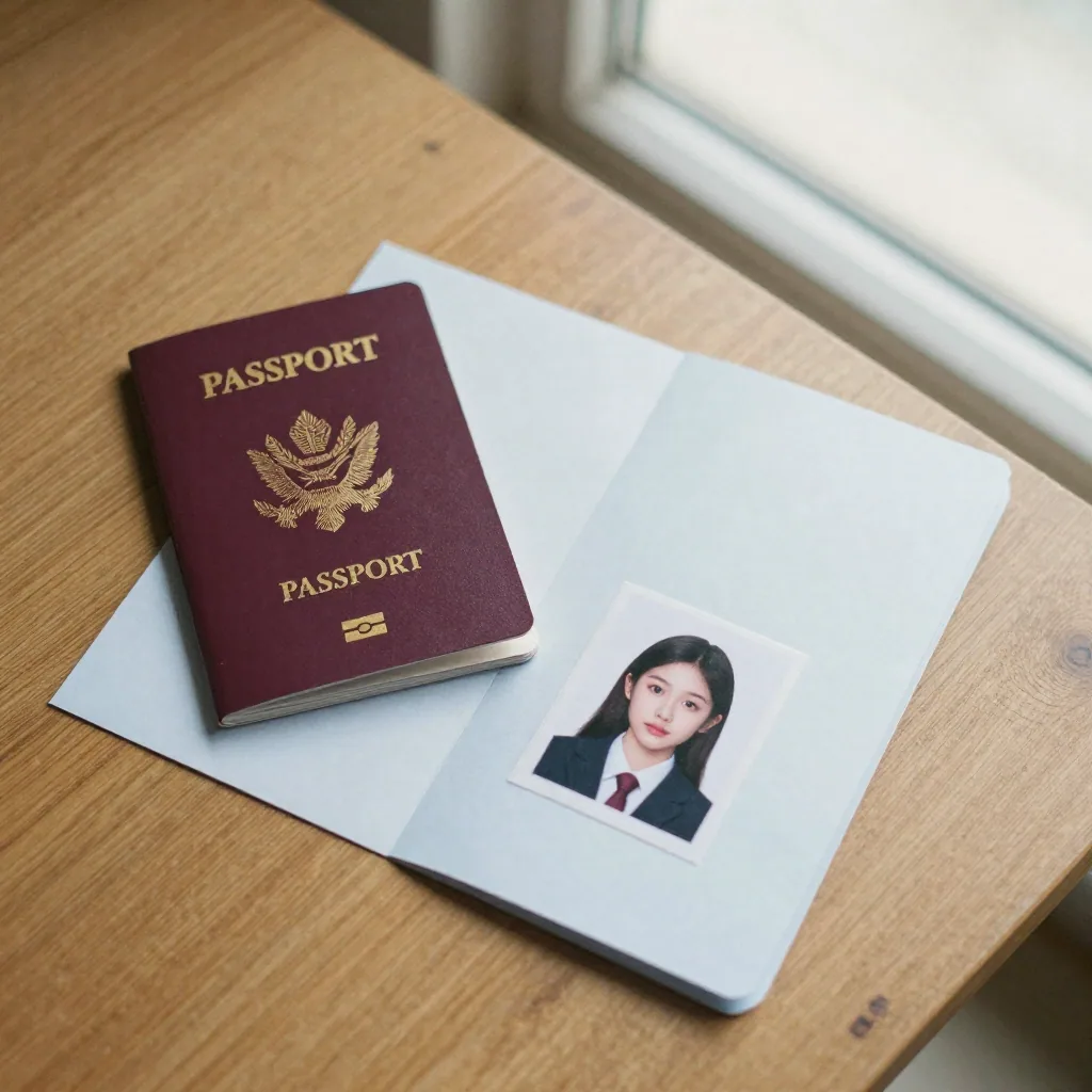 Overhead flat-lay of a passport, a boarding folder, and a small printed headshot arranged on a wooden table, soft even l
