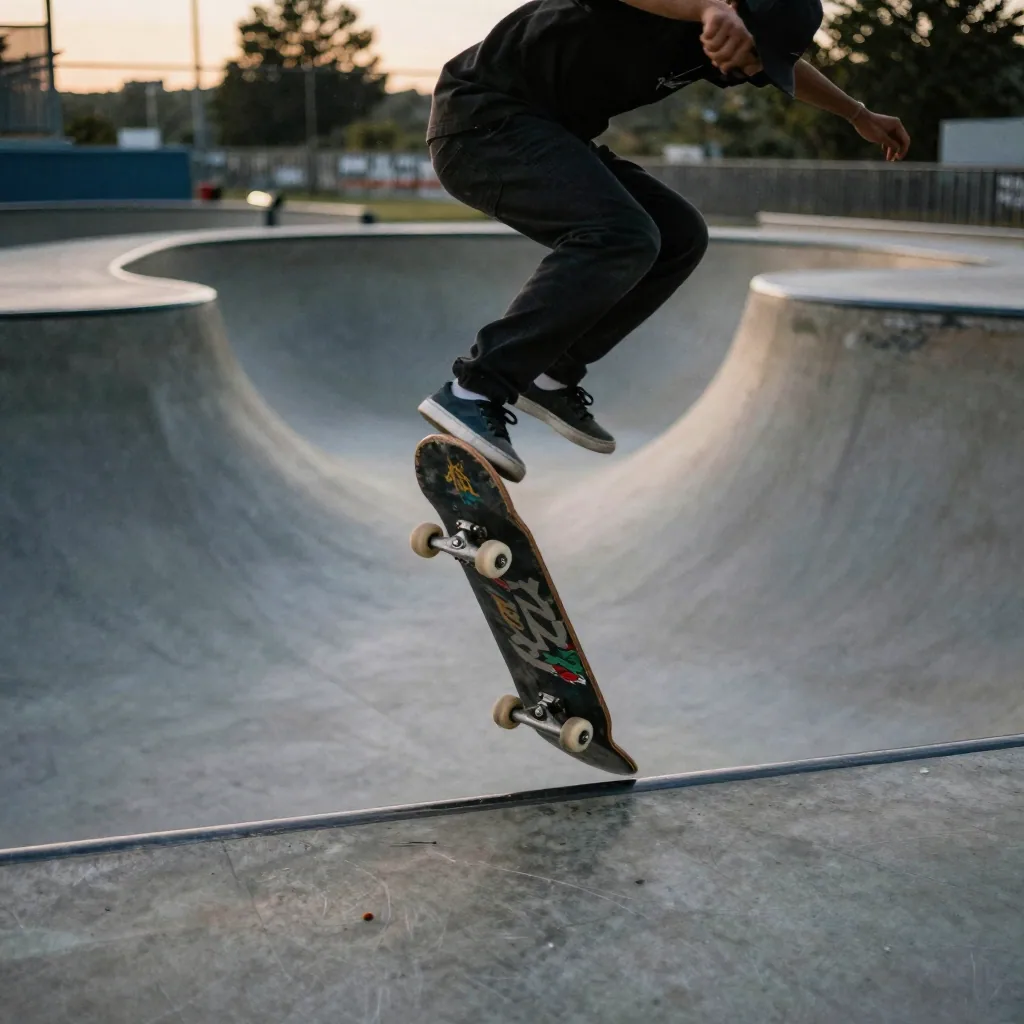 A skateboarder frozen mid-kickflip against a concrete skate park at dusk, wheels and board sharp, motion trails on the s