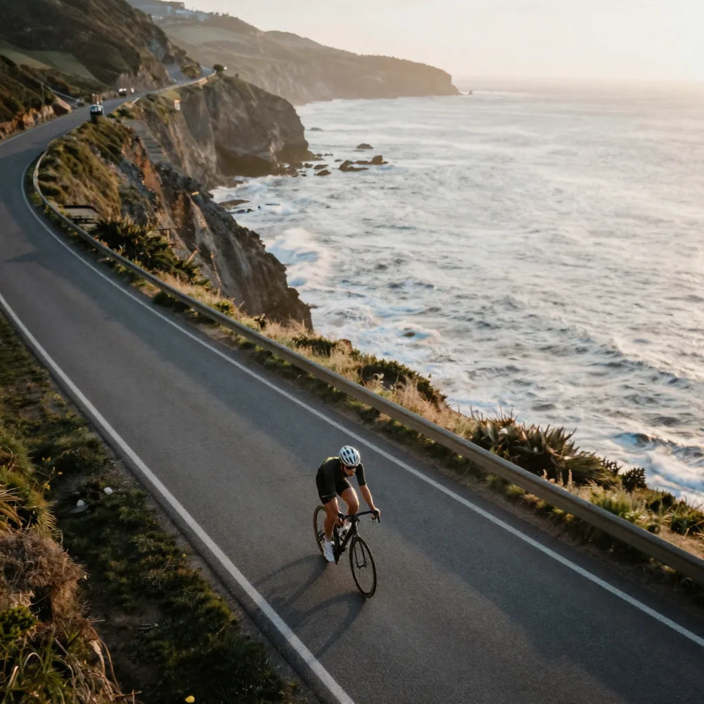 A drone's-eye view of a cyclist speeding along a coastal road at sunrise, the bike crisp while the ocean and cliffs stre