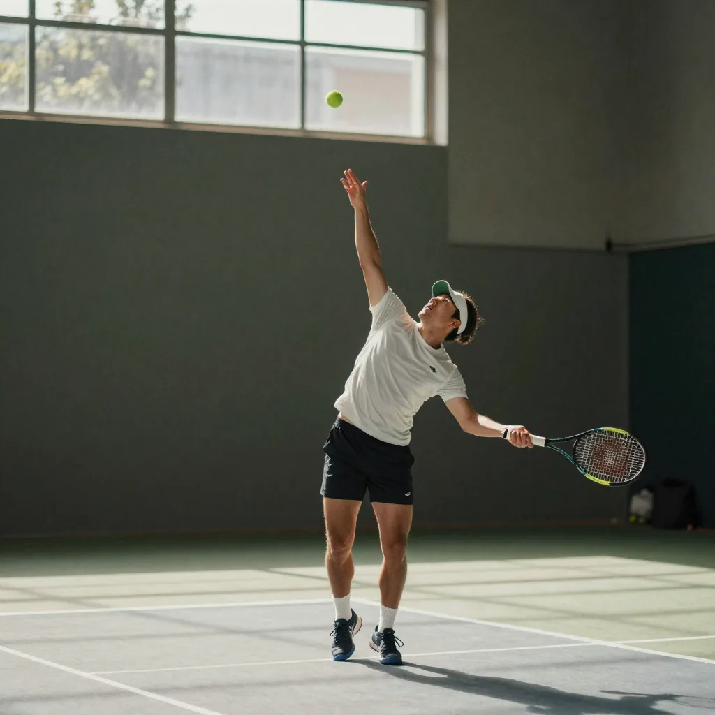 A tennis player caught mid-serve on a sunlit court, the ball tack-sharp in the air, the racket and swinging arm rendered