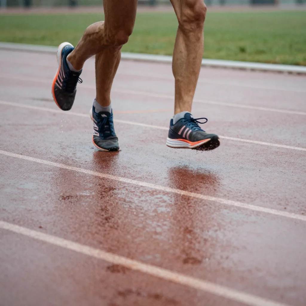 A close-up of a runner's sneakers striking a wet track in the morning, water droplets suspended, the lane markings reced