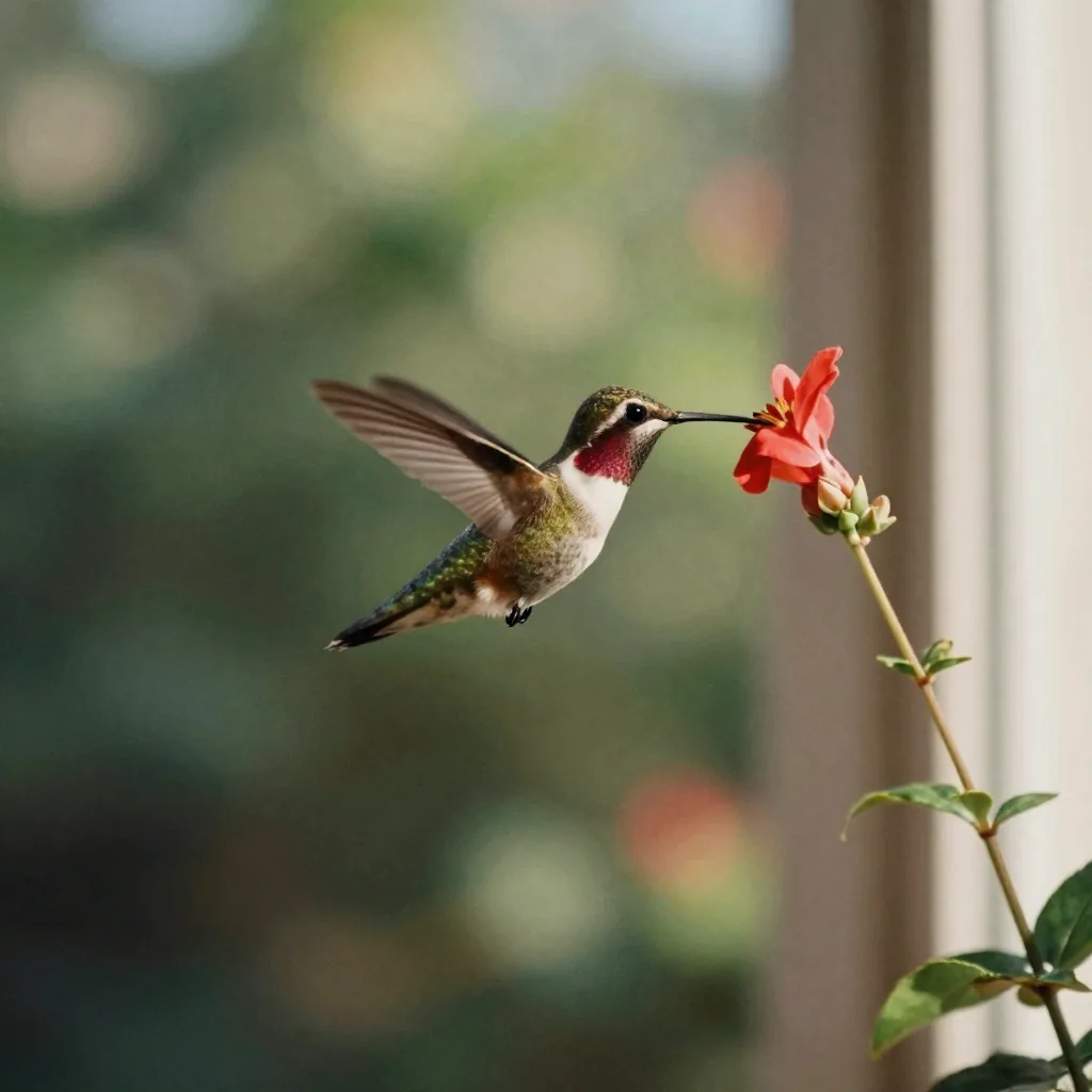 A hummingbird hovering at a red garden flower, wings frozen mid-beat, soft green foliage bokeh behind it in warm afterno