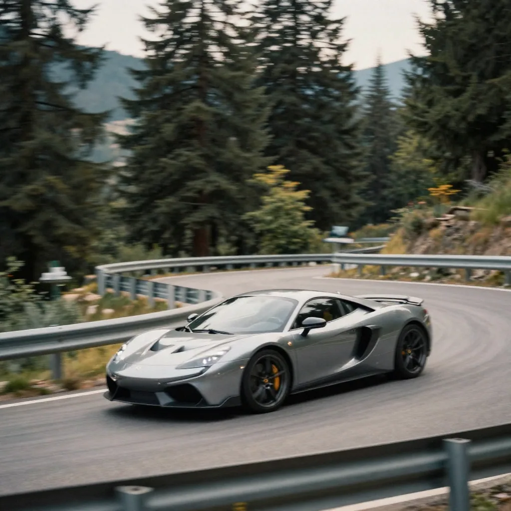 A sports car rounding a mountain bend at speed, body sharp and gleaming while the guardrail and pines behind blur into s