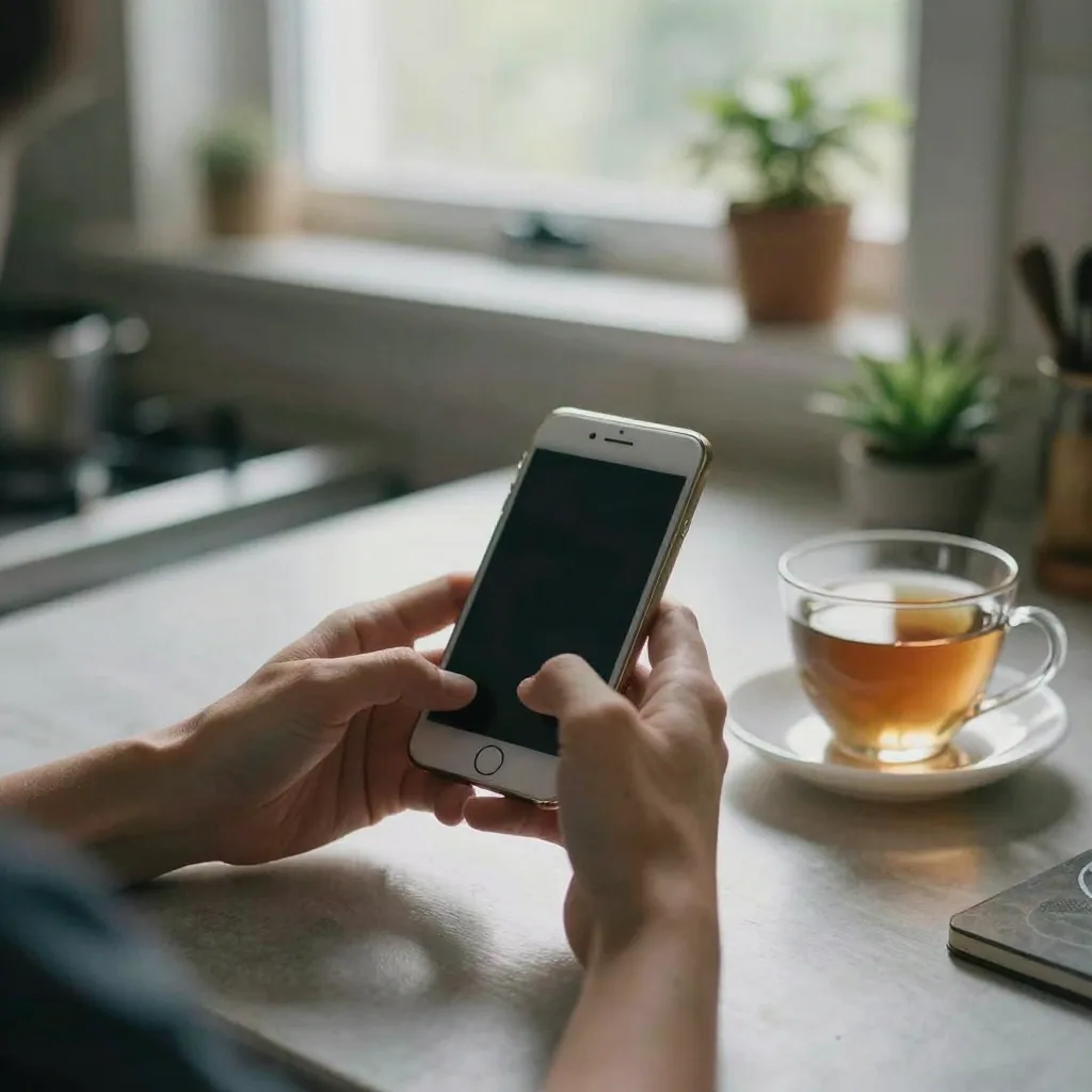 A person's hands holding a silver smartphone with the screen dark, sitting at a sunlit kitchen table, a cup of tea and a