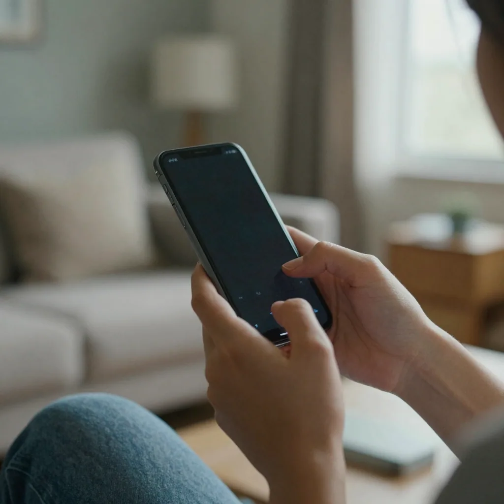 A woman flipping her phone to airplane mode, finger mid-press on the top edge of the dark screen, cozy living room softl