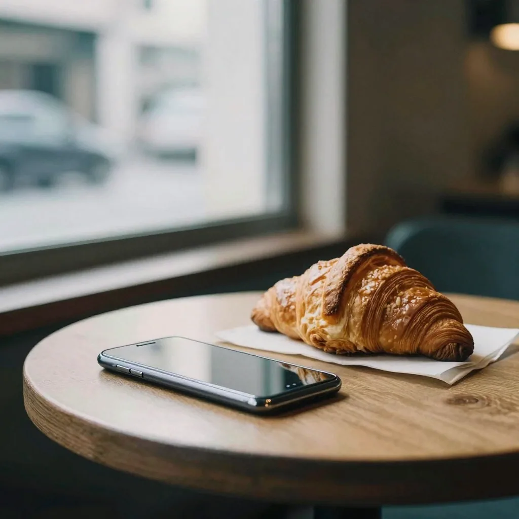 A close-up of a coffee-shop table with a switched-off phone lying face down next to a croissant, warm window light and a
