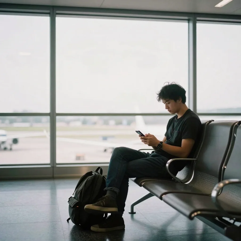 A traveler at an airport gate seat cradling a powered-down phone, backpack at their feet, wide windows glowing with pale