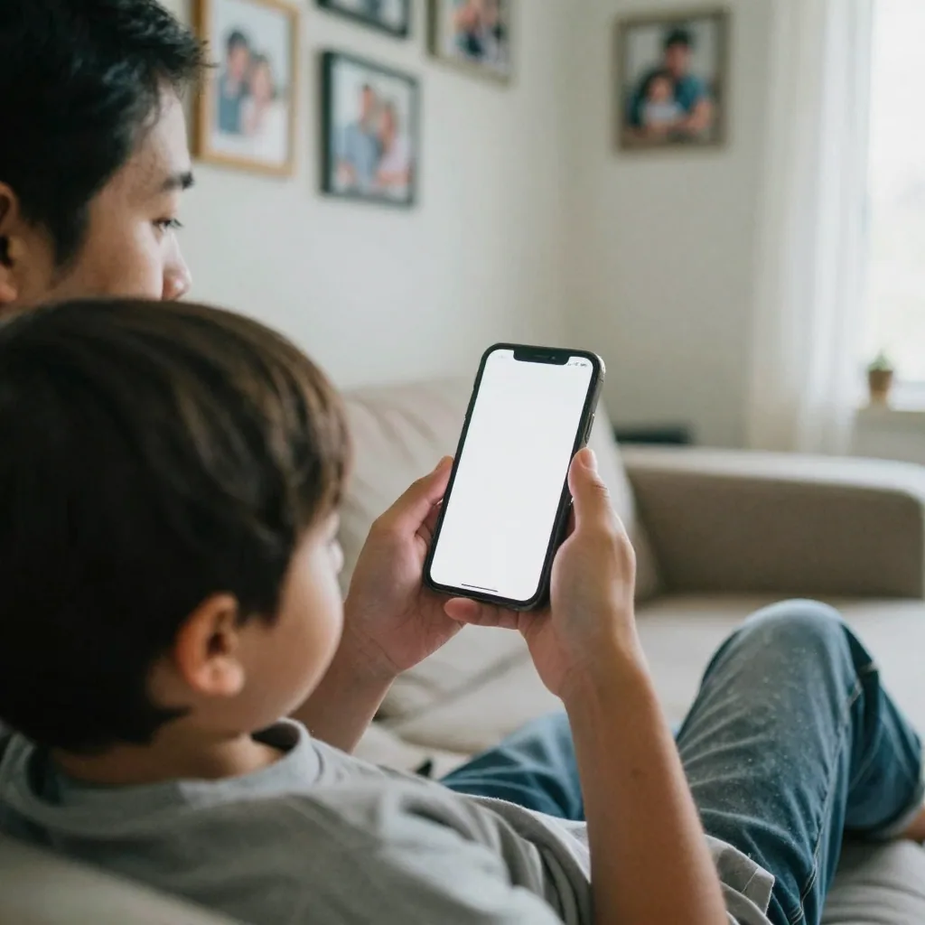A parent on a couch holding a phone with a blank screen while a child leans in, soft lamplight, family photos in frames 