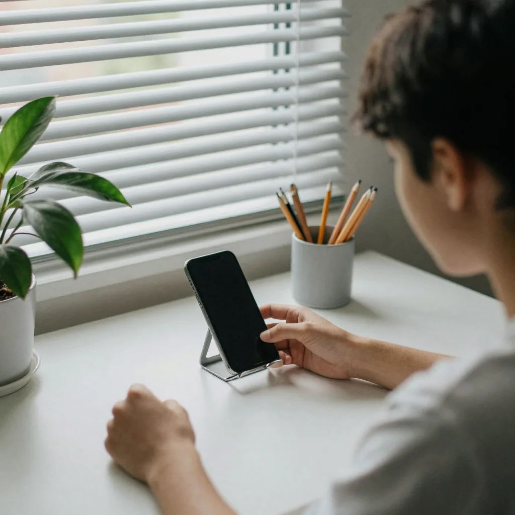 A student at a tidy desk with a dark-screened phone propped on a small stand, a mug of pencils and a leafy plant, calm a