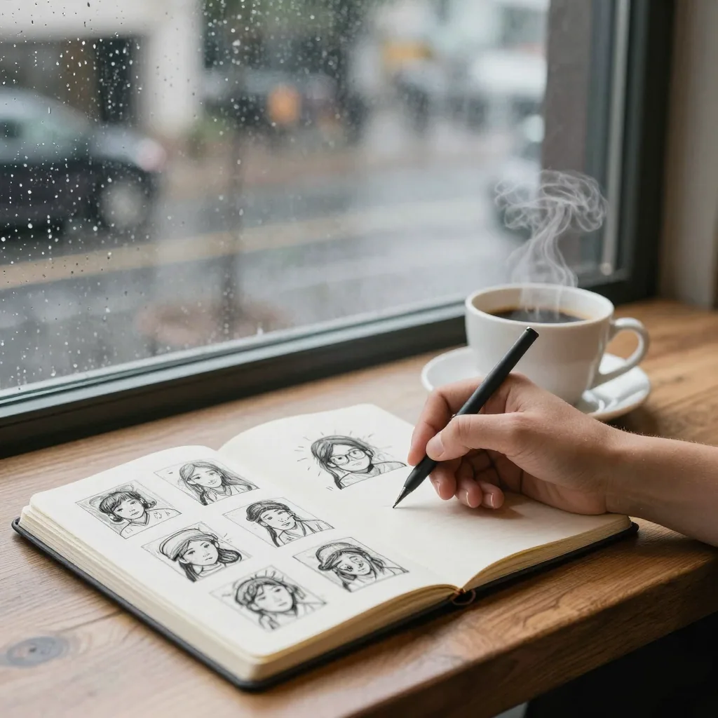 A digital illustrator sketching thumbnails in a graphite notebook at a cafe table by a rain-streaked window, coffee cup steaming, soft grey 