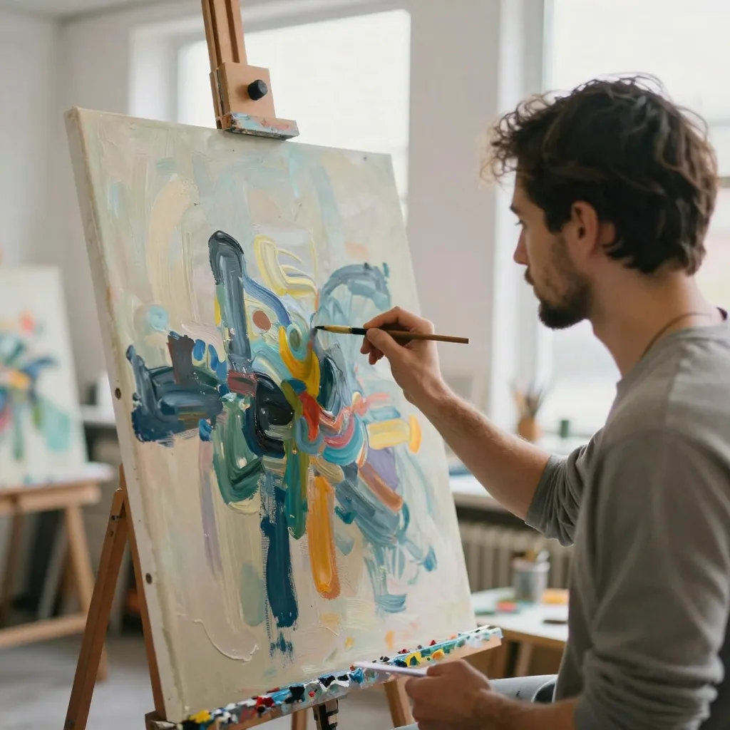an artist painting a vibrant abstract canvas with bold brushstrokes in a bright art studio