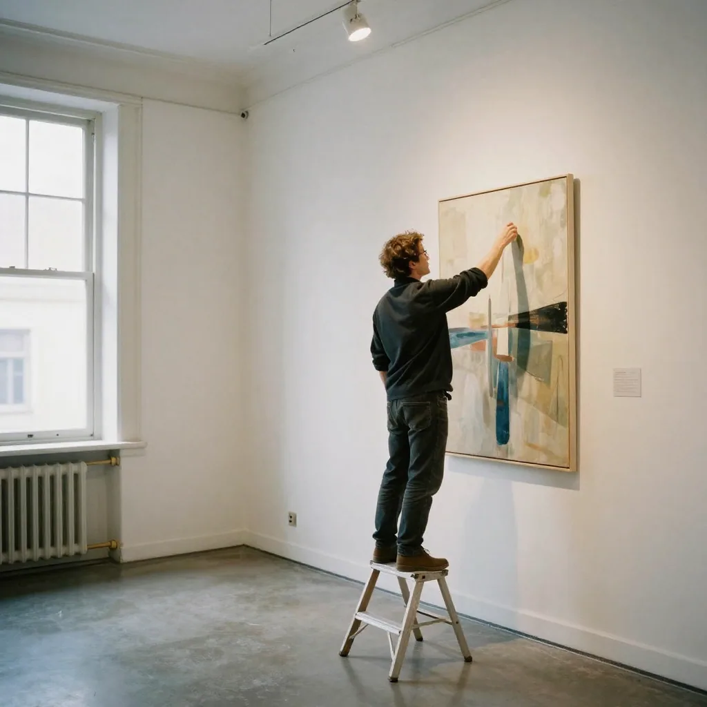An art gallery curator hanging a large abstract canvas on a white wall, standing on a small stepladder, spotlights warming the empty exhibit