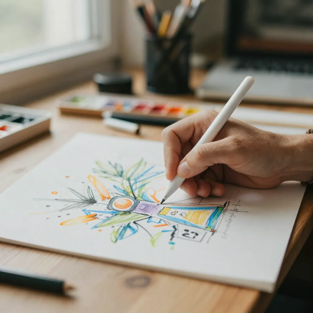 close-up of an illustrator's hand sketching colorful strokes with a stylus, warm creative workspace