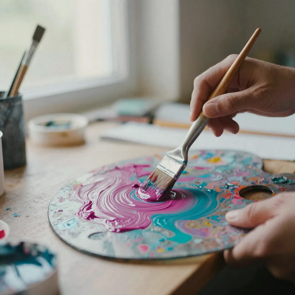 Close-up of hands mixing swirls of magenta and teal acrylic paint on a glass palette, brush dragging pigment across in a bright home studio