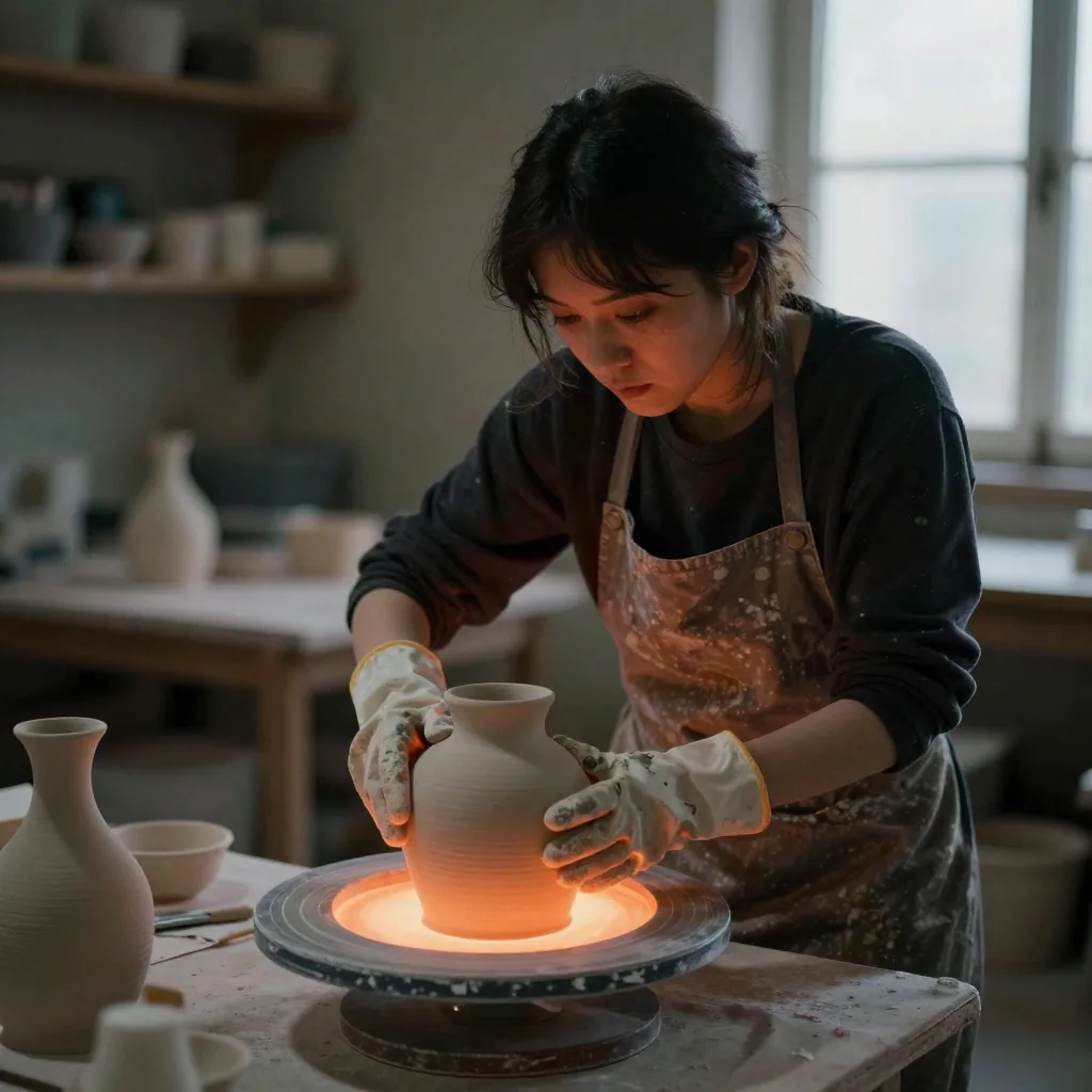 A ceramic artist pulling a freshly glazed sculpture from a glowing kiln with heat gloves in a dim workshop, orange light on her focused face