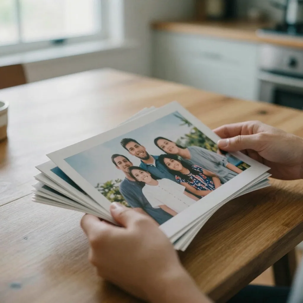 A person's hands holding a stack of printed family photographs at a wooden kitchen table, soft morning light, protective