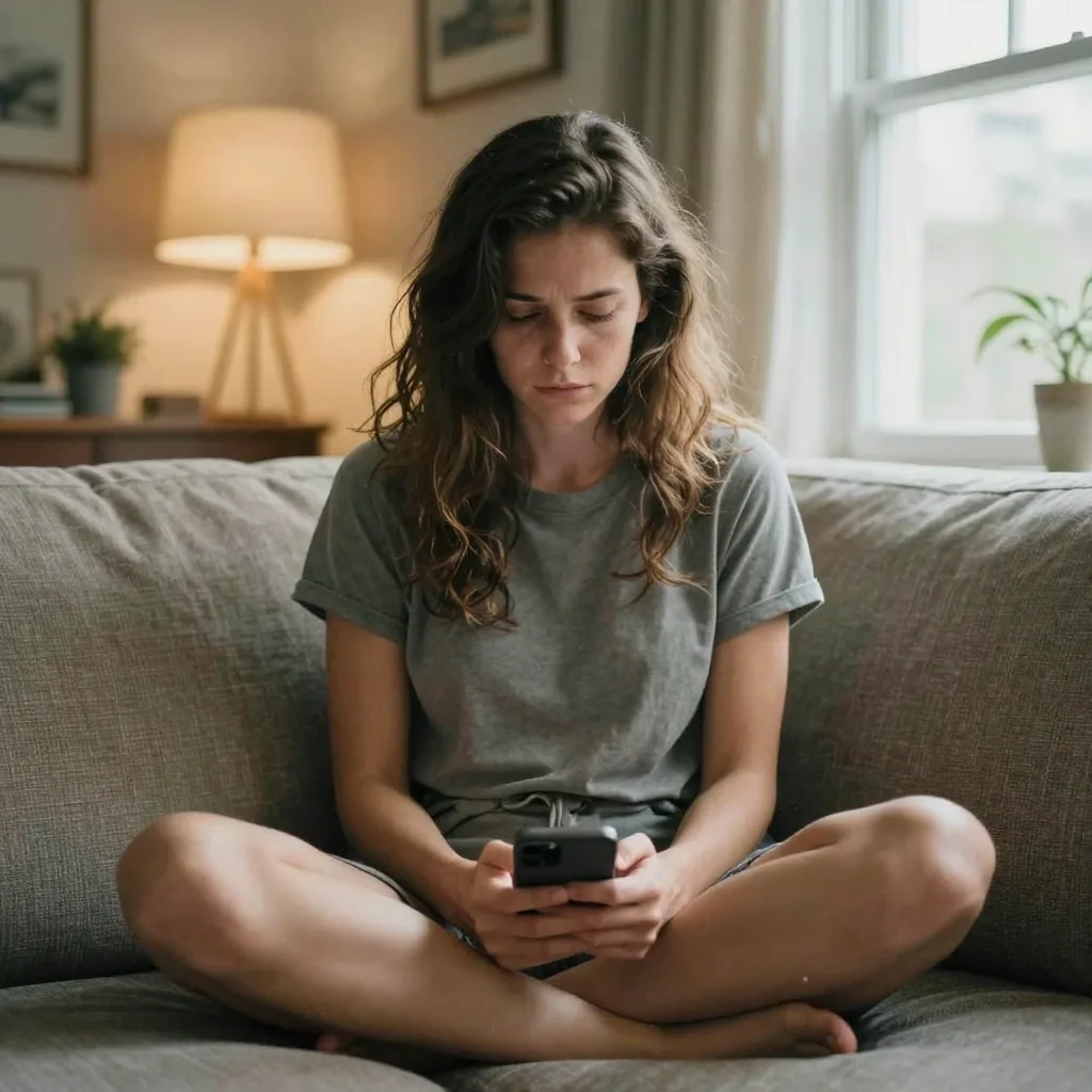 A woman sitting cross-legged on a couch cradling a powered-off phone face-down in her lap, thoughtful cautious expressio