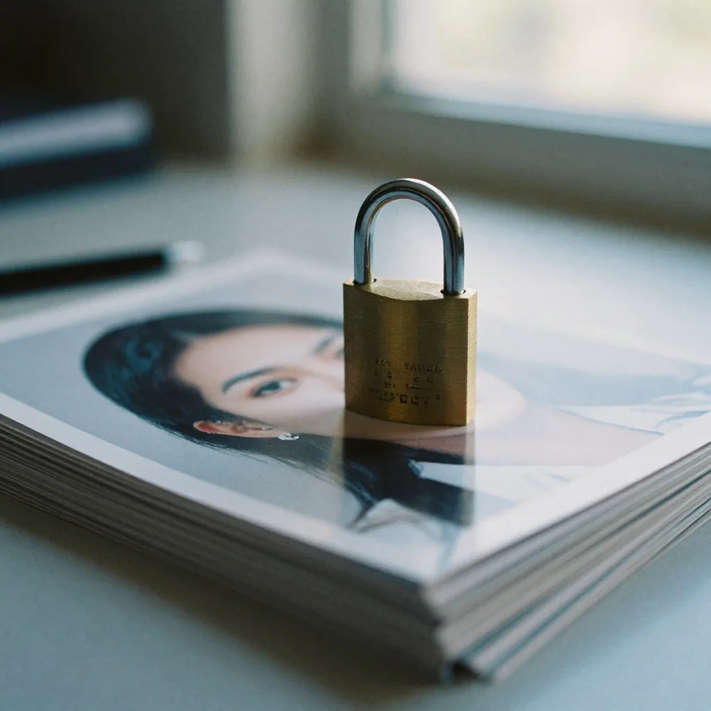 Close-up of a padlock resting on a folded stack of glossy portrait prints on a desk, shallow focus, cool indirect daylig
