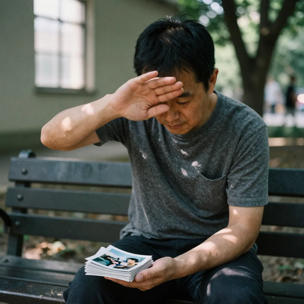 A father at a park bench shielding a small stack of photo prints from view with a cupped hand, dappled afternoon sunligh