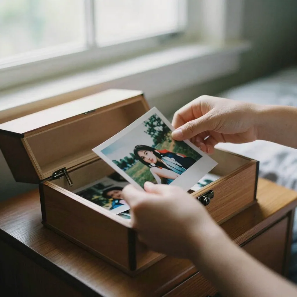 Hands sliding photographs into a locked wooden keepsake box on a bedroom dresser, soft window light, a sense of keeping
