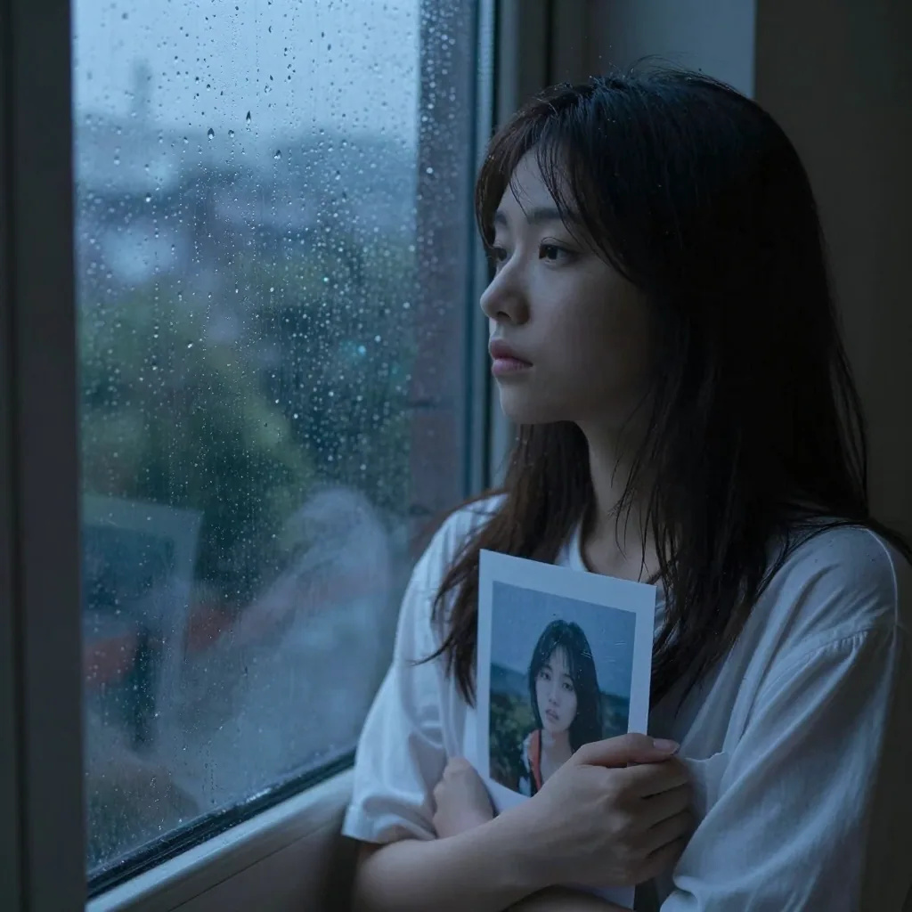 A young woman looking pensive by a rain-streaked window at dusk, holding a printed photo close to her chest, moody blue