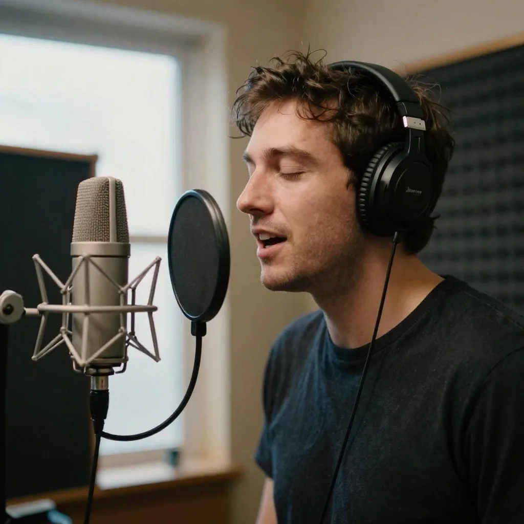A voice actor in a padded home booth leaning into a large studio microphone, eyes closed mid-take, warm key light on his expressive face