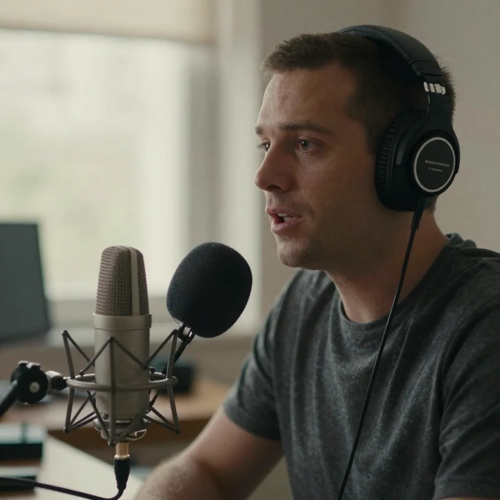 a podcaster wearing over-ear headphones speaking into a large studio microphone, warm soft lighting, shallow depth of field, cinematic