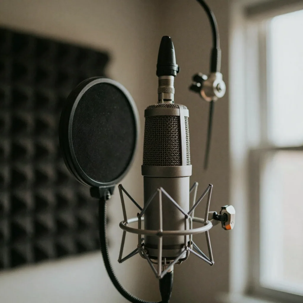 Close-up of a suspended condenser microphone with a round pop filter, soft bokeh of acoustic foam panels behind, warm rim light