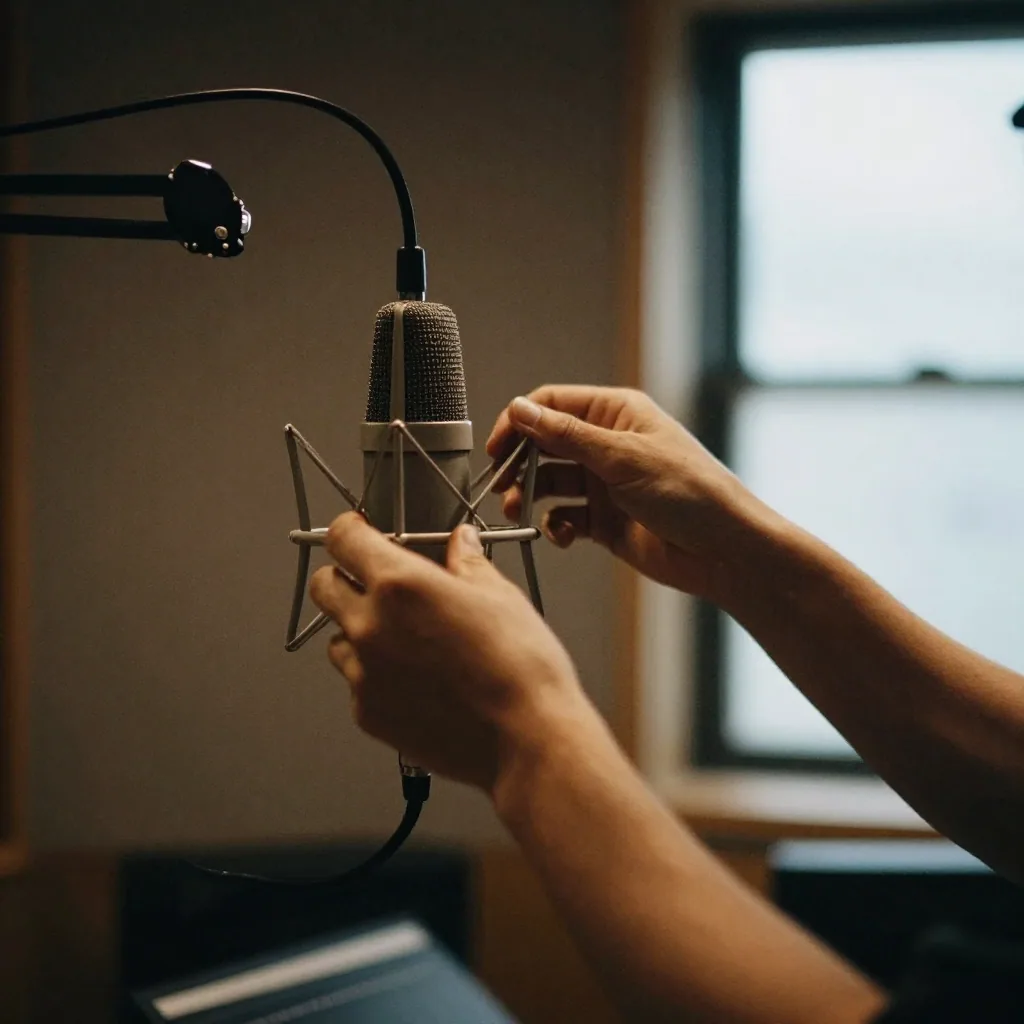 close-up of hands adjusting a studio microphone on a boom arm in a dim recording booth, moody warm light