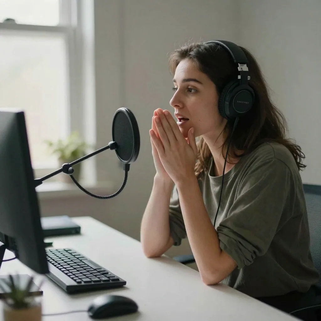 A woman recording narration at a tidy desk with headphones on, hand cupped near her mouth for emphasis, morning light from a side window