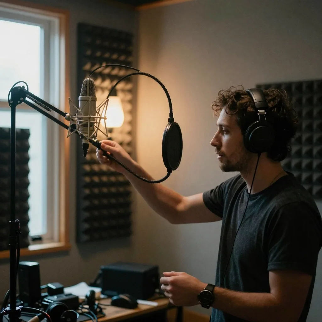 A narrator adjusting the boom arm of a studio mic in a dim, cozy voice booth, foam wedges on the walls, single warm lamp glowing