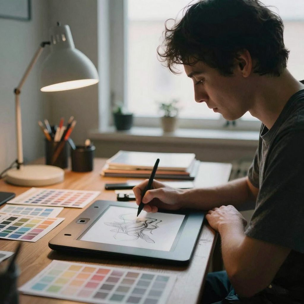 A digital artist at a drawing tablet in a dim studio, stylus poised mid-stroke over an unseen canvas, warm desk lamp and