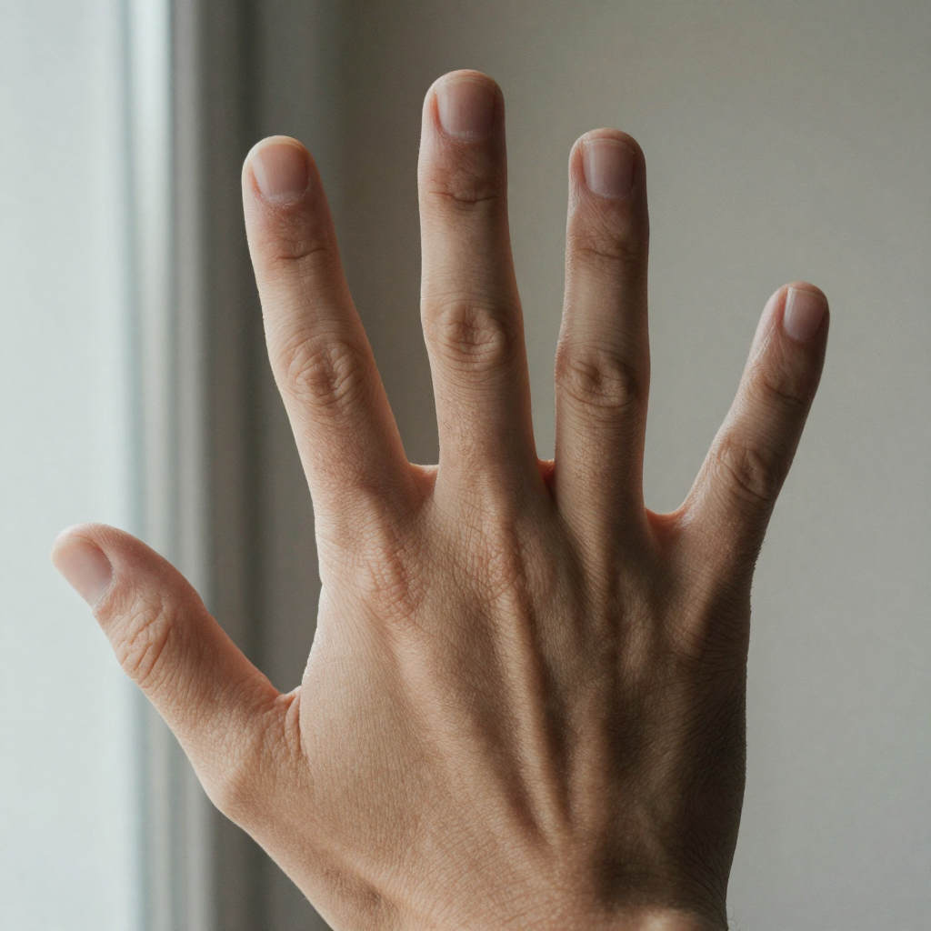 Extreme macro of a human hand with all five fingers splayed against soft neutral light, tendons and knuckle creases shar