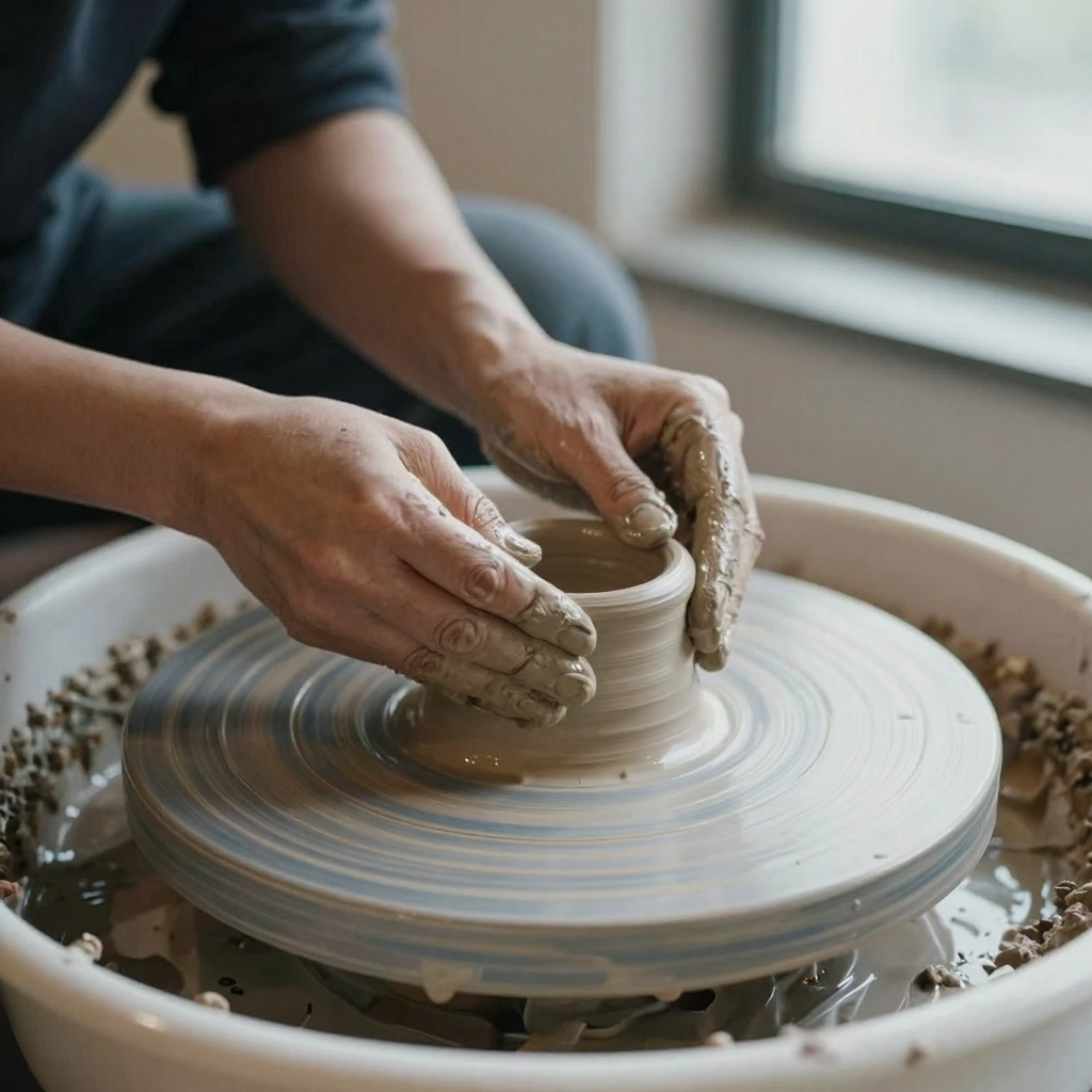 Close-up of a person's hands sculpting wet clay on a spinning pottery wheel, fingers precisely shaping the rim, studio s