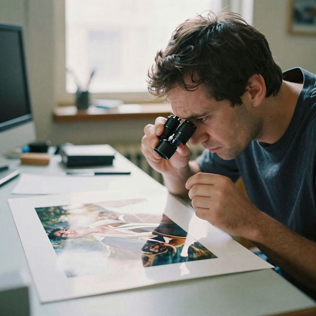 A retoucher examining a large glossy photo print under a loupe magnifier on a light table, brow furrowed in concentratio