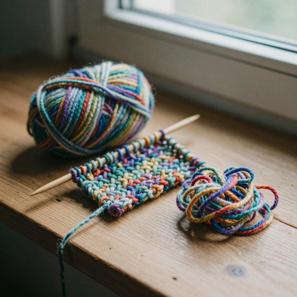 A tangle of colorful yarn and a knitting needle on a wooden surface, one section showing a neat even weave beside a snar