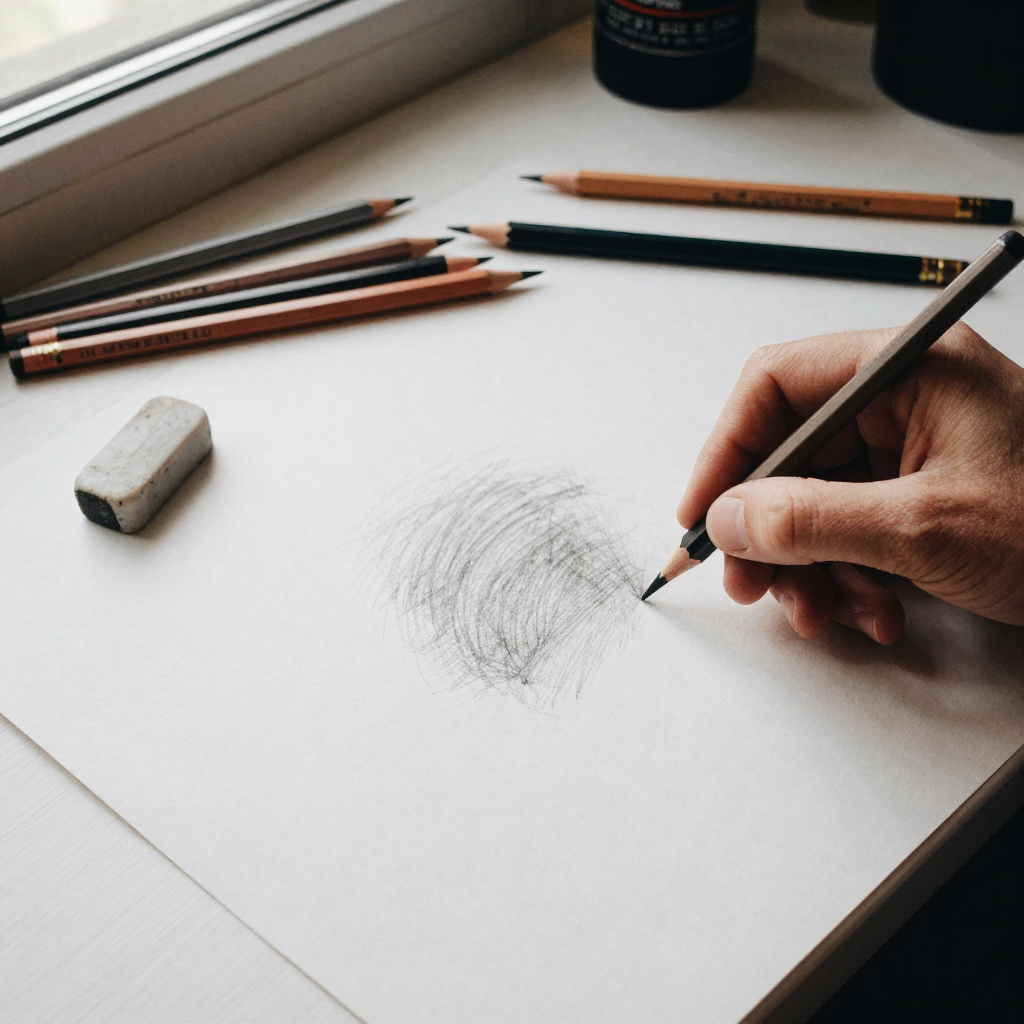 Overhead of an artist's desk with pencils, an eraser, and a kneaded gum, a smudged sketch corner being cleaned by a fing