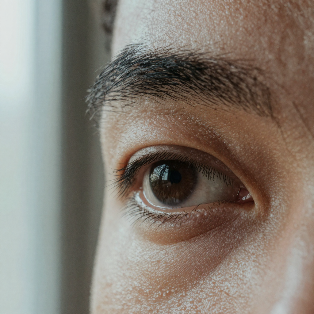 Extreme macro of a human eye and brow, dewy skin showing real pores and fine hairs, catchlight from a soft window, anato
