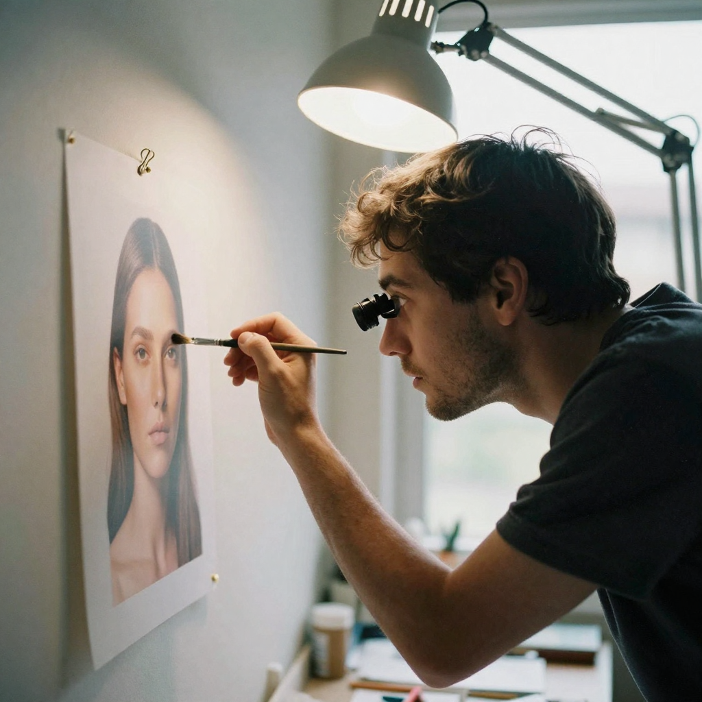 A retoucher wearing a loupe leaning close to a printed portrait pinned on a wall, a fine brush hovering over the cheek a