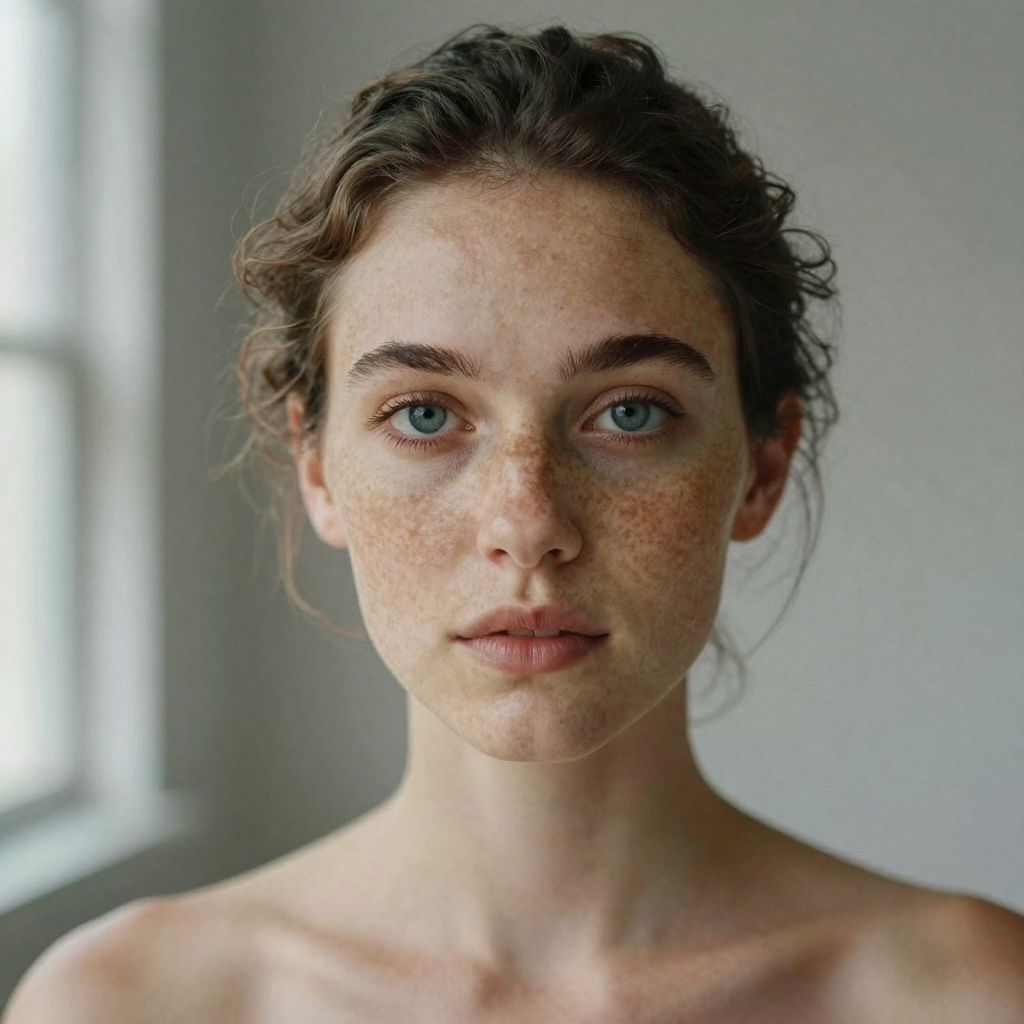 A symmetrical studio portrait of a woman with matching bright eyes and even features, freckled skin richly textured, sof